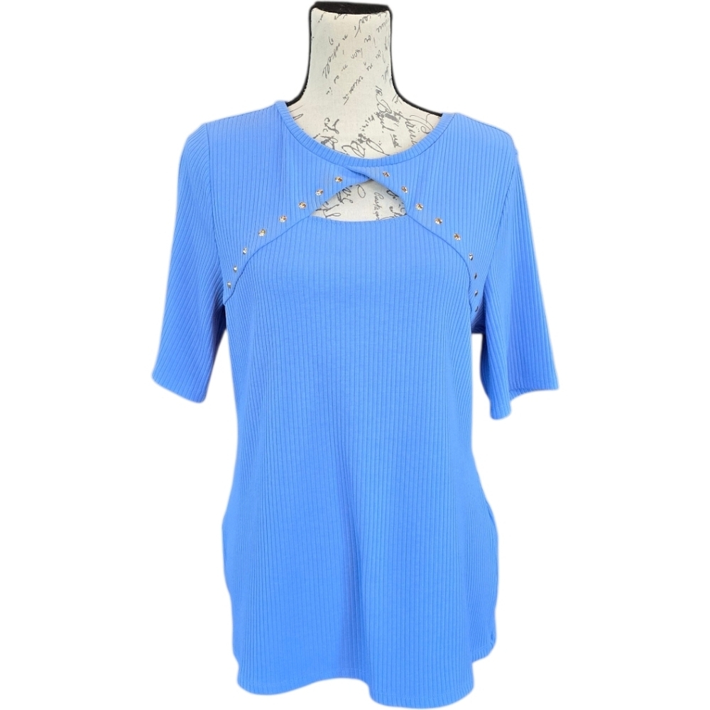 INC International Concepts Blue Short Sleeve Knit Sweater Top XL